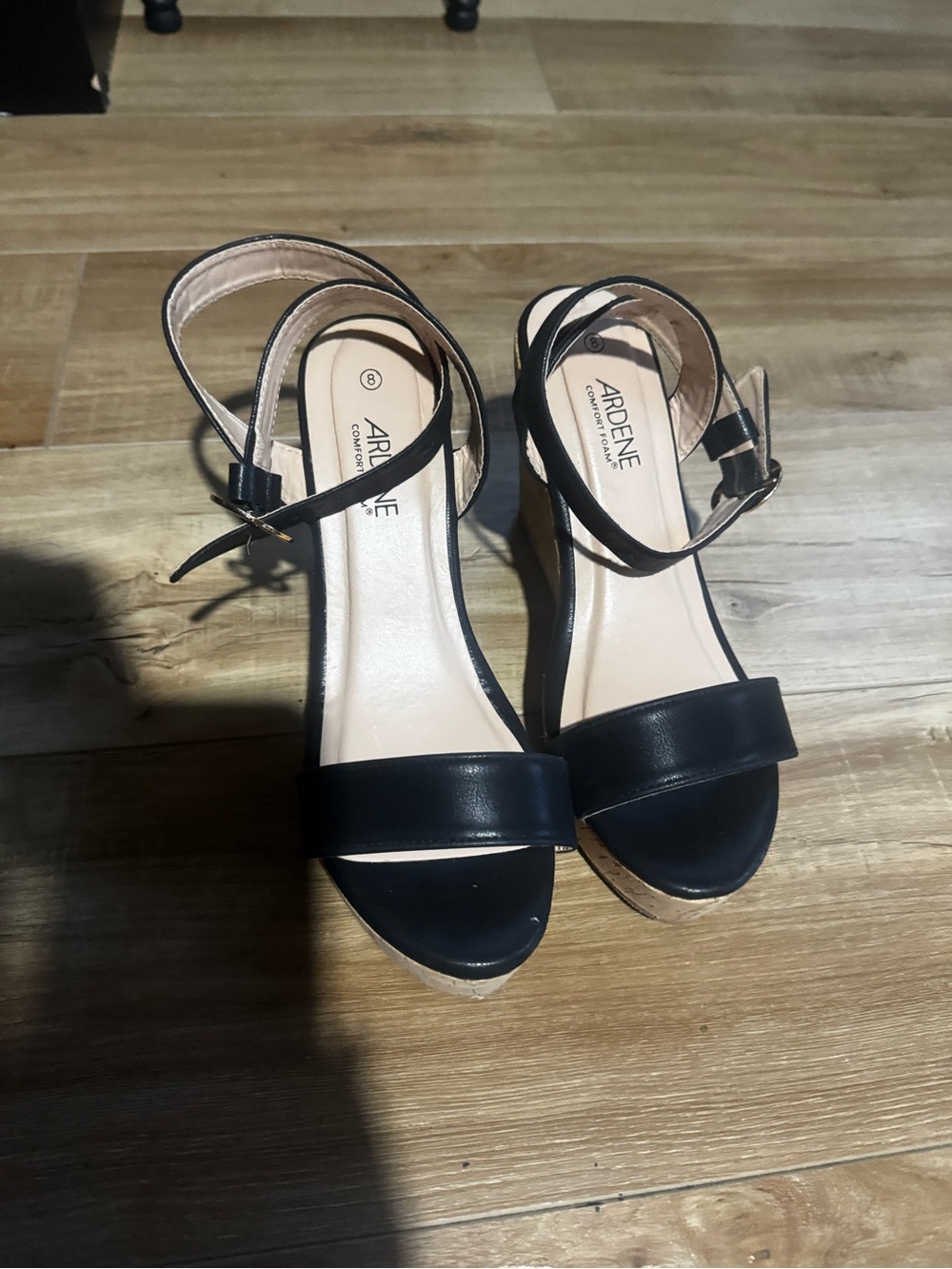 Ardene Black Ankle-Strap Wedge Sandals with Cork-Effect Sole